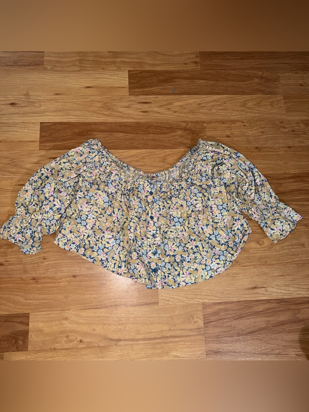 Free People James Smock Floral Off-Shoulder Crop Top in Yellow and blue